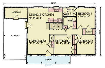 Main Floor: 3BR, 2BA, Living, Dining/Kitchen, Ldry closet. Carport, Storage, Porch. Unheated: Carport, Storage, Porch. House Plan # 699-00535 Main Floor  Floor Plan Drawing by America's Best House Plans, Inc.
