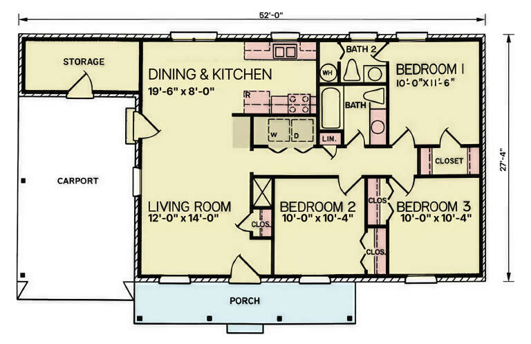 Main Floor: 3BR, 2BA, Living, Dining/Kitchen, Ldry closet. Carport, Storage, Porch. Unheated: Carport, Storage, Porch. House Plan # 699-00535 Main Floor  Floor Plan Drawing by America's Best House Plans, Inc.