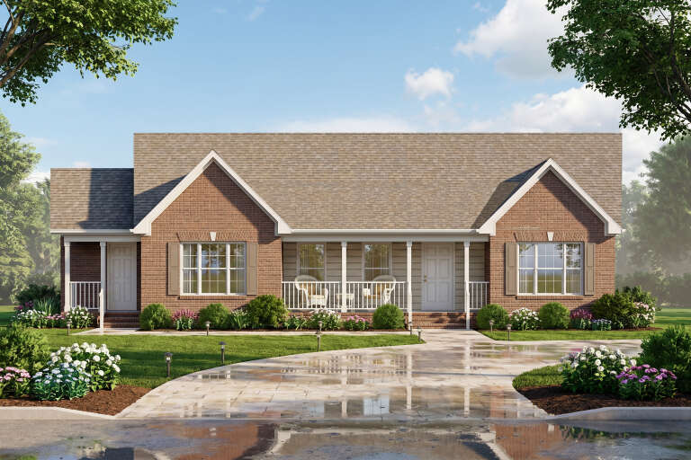 Red brick Traditional, Front Elevation with covered porch, white columns, shutters, stone walkway, and lush landscaping. House Plan # 699-00536 Digital Rendering by America's Best House Plans, Inc.