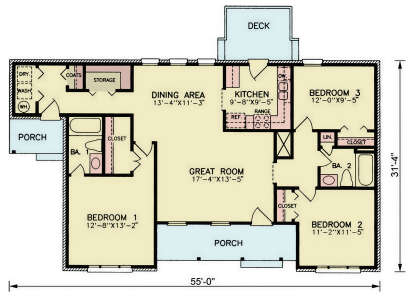 Main Floor: 3BR, 2BA, Great Room, Dining, Kitchen, Ldry, Storage, 2 Porches, Deck. Unheated: Porches, Deck. House Plan # 699-00536 Main Floor  Floor Plan Drawing by America's Best House Plans, Inc.