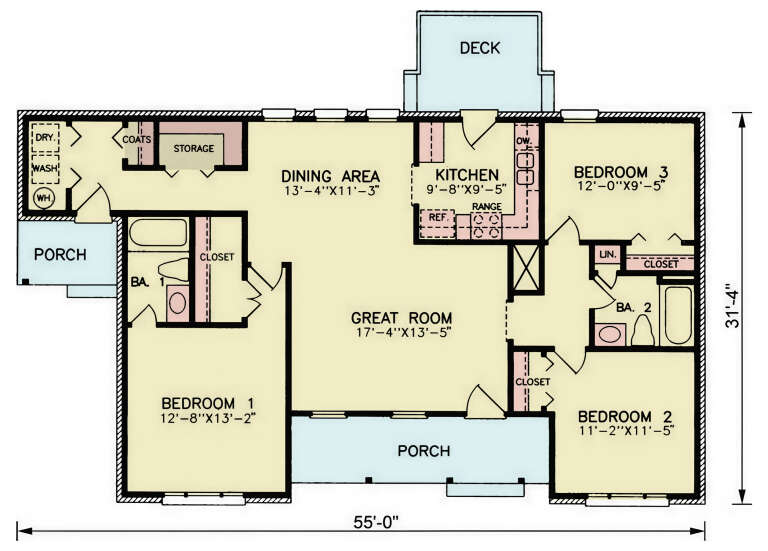 Main Floor: 3BR, 2BA, Great Room, Dining, Kitchen, Ldry, Storage, 2 Porches, Deck. Unheated: Porches, Deck. House Plan # 699-00536 Main Floor  Floor Plan Drawing by America's Best House Plans, Inc.