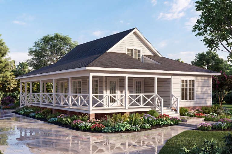 Grey Country, Angled Front Elevation, lap siding, brick foundation, wrap-around porch with X-railing, lush flower beds. House Plan # 699-00537 Digital Rendering by America's Best House Plans, Inc.