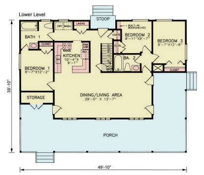 Lower Level: 3BR, 2BA, Kitchen, Dining/Living, Ldry, Storage, Stairs, Stoop, Porch. Closets: WIC, Linen, Coat, Pantry. House Plan # 699-00537 Main Floor  Floor Plan Drawing by America's Best House Plans, Inc.