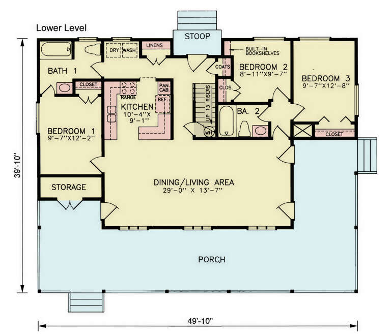 Lower Level: 3BR, 2BA, Kitchen, Dining/Living, Ldry, Storage, Stairs, Stoop, Porch. Closets: WIC, Linen, Coat, Pantry. House Plan # 699-00537 Main Floor  Floor Plan Drawing by America's Best House Plans, Inc.