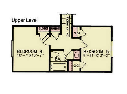 Second Floor: 2 BR, 1 BA, 3 closets, linen closet, stairs. House Plan # 699-00537 Second Floor Floor Plan Drawing by America's Best House Plans, Inc.