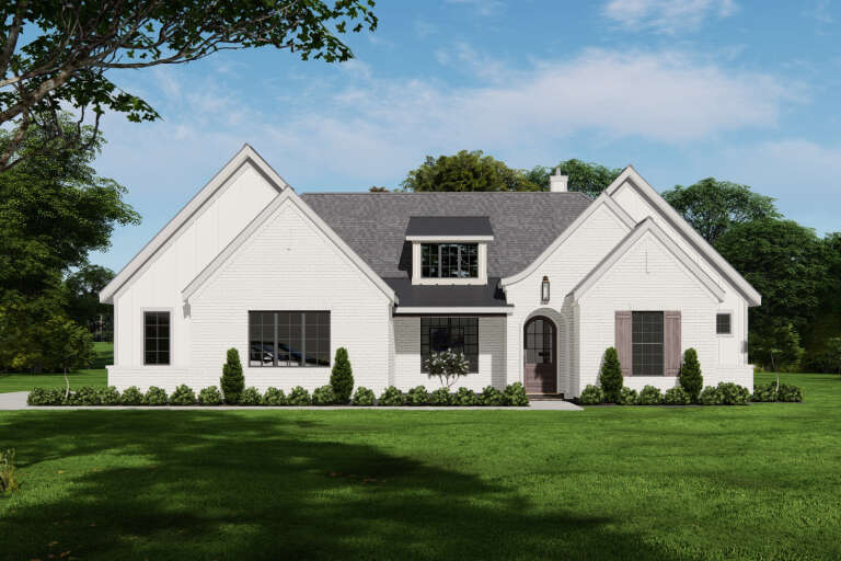 White Modern Farmhouse, Front Elevation, brick and board-and-batten siding, arched entry, metal roof dormer, landscaping. House Plan # 3571-00043 Digital Rendering by America's Best House Plans, Inc.