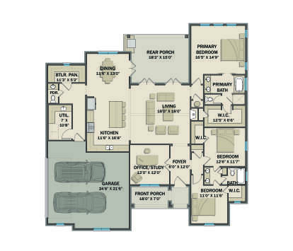 Main Floor: 3BR, 2.5BA, Kitchen, Dining, Living, Office, Butler Pantry, Ldry, 2-car garage, Front/Rear Porches, 3 WICs. House Plan # 3571-00043 Main Floor  Floor Plan Drawing by America's Best House Plans, Inc.