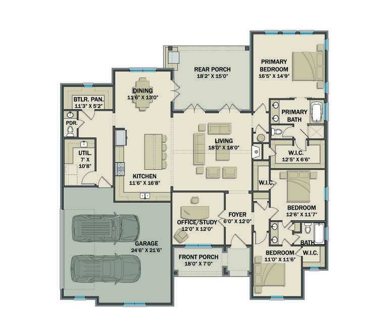 Main Floor: 3BR, 2.5BA, Kitchen, Dining, Living, Office, Butler Pantry, Ldry, 2-car garage, Front/Rear Porches, 3 WICs. House Plan # 3571-00043 Main Floor  Floor Plan Drawing by America's Best House Plans, Inc.