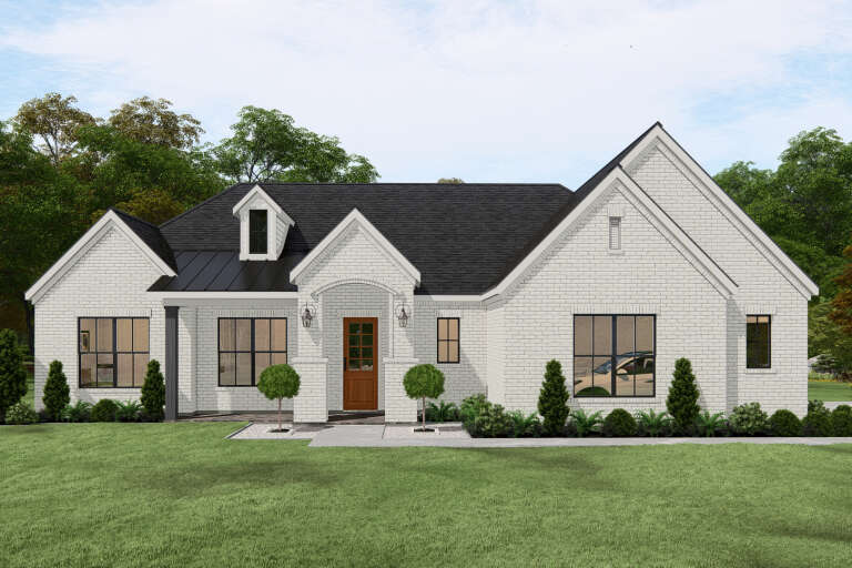 White Modern Farmhouse, Front Elevation, white brick siding, black roof, arched entry, wooden door, and manicured shrubs. House Plan # 3571-00044 Digital Rendering by America's Best House Plans, Inc.