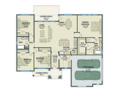 Main Floor: 3BR, 2BA, Living, Dining, Kitchen, Util, 2-car garage, 2 covered porches, WIC, pantry. 10' ceilings throughout. House Plan # 3571-00044 Main Floor  Floor Plan Drawing by America's Best House Plans, Inc.
