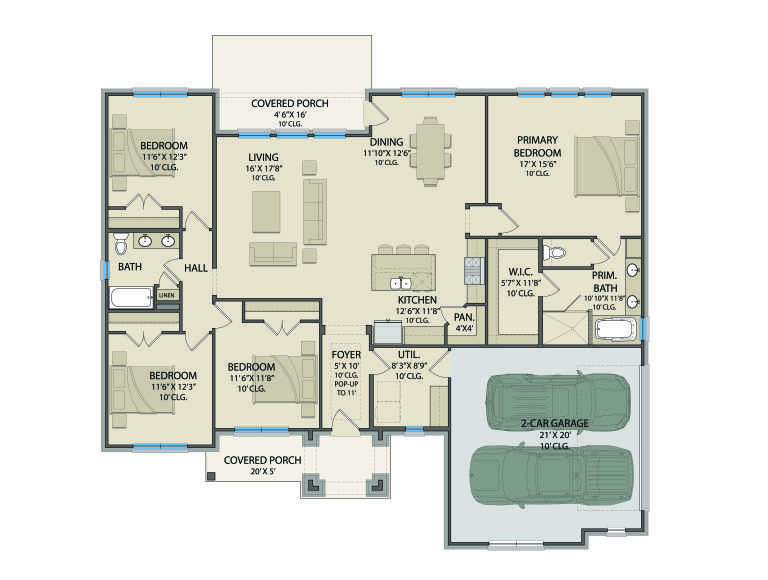 Main Floor: 3BR, 2BA, Living, Dining, Kitchen, Util, 2-car garage, 2 covered porches, WIC, pantry. 10' ceilings throughout. House Plan # 3571-00044 Main Floor  Floor Plan Drawing by America's Best House Plans, Inc.