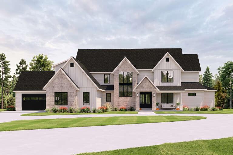 White Craftsman, Front Elevation with stone veneer, vertical siding, black roof, porch swing, and manicured landscaping. House Plan # 5032-00458 Digital Rendering by America's Best House Plans, Inc.
