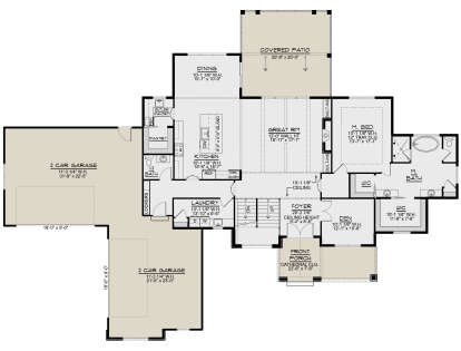 Main Floor: 1BR, 1.5BA, Den, Great Rm, Kitchen, Dining, Butler Pantry, Ldry, 4-car garage, 2 WIC, Covered Patio, Porch. House Plan # 5032-00458 Main Floor  Floor Plan Drawing by America's Best House Plans, Inc.