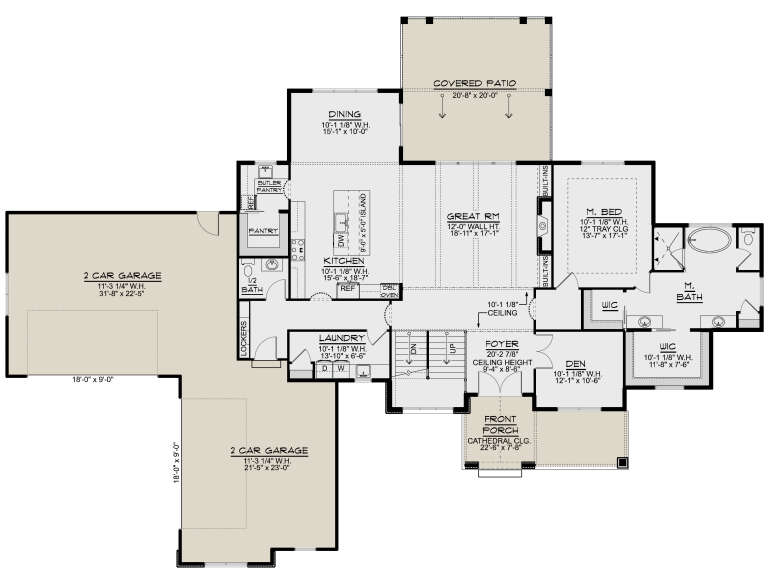 Main Floor: 1BR, 1.5BA, Den, Great Rm, Kitchen, Dining, Butler Pantry, Ldry, 4-car garage, 2 WIC, Covered Patio, Porch. House Plan # 5032-00458 Main Floor  Floor Plan Drawing by America's Best House Plans, Inc.