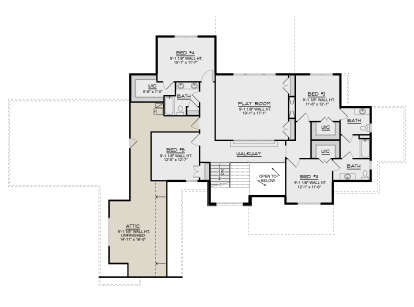 Second Floor: 3BR, 3BA, Play Room, Walkway, 3 WIC, stairs, open to below. Unfinished attic space. House Plan # 5032-00458 Second Floor Floor Plan Drawing by America's Best House Plans, Inc.