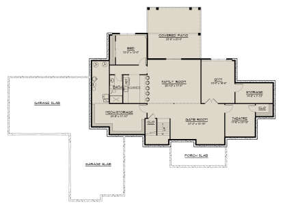 Basement: 1BR, 1BA, Family, Game, Gym, Theatre, Kitchenette, Mech/Storage, 2-car garage, Covered Patio, Porch, Stairs, Closets. House Plan # 5032-00458 Basement Floor Plan Drawing by America's Best House Plans, Inc.