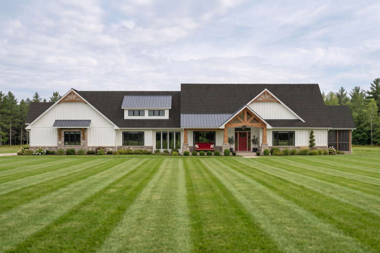 White Modern Farmhouse, Front Elevation, board-and-batten siding, stone base, timber trusses, red door, manicured lawn. House Plan # 5032-00459 Digital Rendering by America's Best House Plans, Inc.