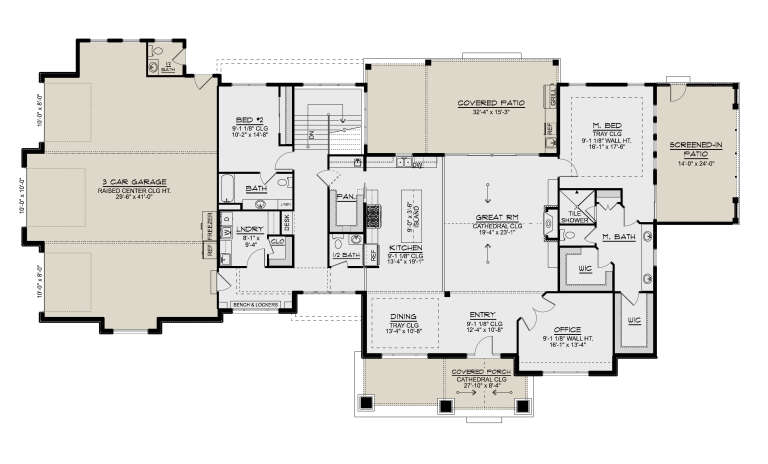 Main Floor: 2BR, 2.5BA, Office, Great Rm, Kitchen, Dining, 3-car garage, 2 WIC, Ldry, Porch, Covered/Screened Patios. House Plan # 5032-00459 Main Floor  Floor Plan Drawing by America's Best House Plans, Inc.