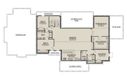 Basement: 2BR, 2BA, Kitchenette, Exercise, Flex, Mech/Storage, Ldry. Covered patio/porch, patio slab, garage slab, stairs. House Plan # 5032-00459 Basement Floor Plan Drawing by America's Best House Plans, Inc.