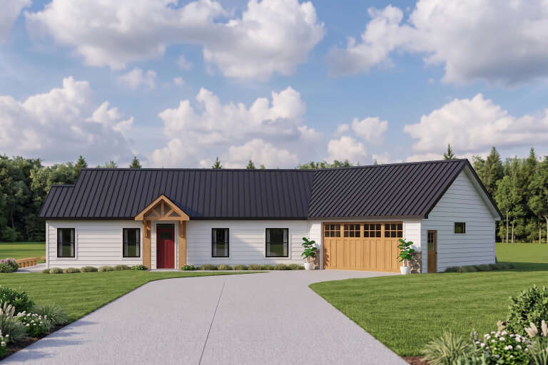 White Modern Farmhouse, Front Elevation, horizontal siding, metal roof, red door, wood garage, stone accents, landscaping. House Plan # 5032-00460 Digital Rendering by America's Best House Plans, Inc.
