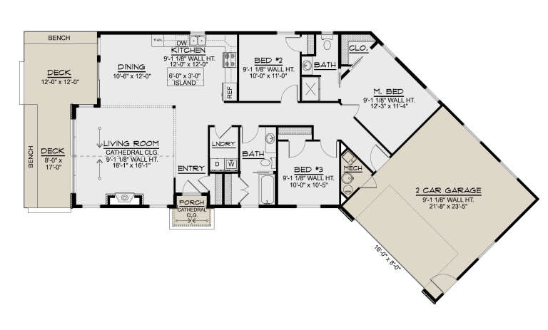Main Floor: 3BR, 2BA, Kitchen, Dining, Living, Ldry, 2-car garage, 2 Decks, Porch, Fireplace. Cathedral ceilings. House Plan # 5032-00460 Main Floor  Floor Plan Drawing by America's Best House Plans, Inc.