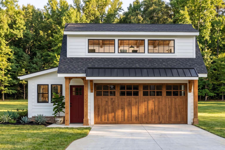 White Modern Farmhouse, Front Elevation, horizontal siding, wooden garage door, red door, metal roof, and lush landscaping. House Plan # 5032-00461 Digital Rendering by America's Best House Plans, Inc.