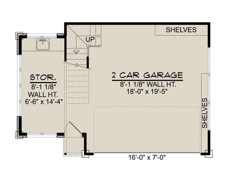 Garage Floor: 2-car garage, storage room with sink, stairs, built-in shelving. Unheated square footage. House Plan # 5032-00461 Garage Floor Floor Plan Drawing by America's Best House Plans, Inc.