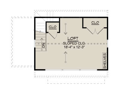 Second Floor: Loft with sloped ceiling, 2 closets, built-in shelves, stairs. House Plan # 5032-00461 Second Floor Floor Plan Drawing by America's Best House Plans, Inc.