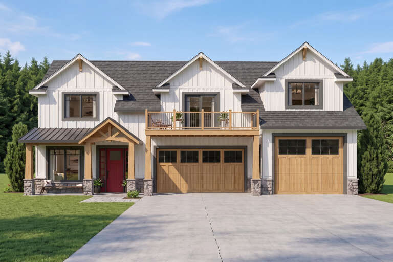 White Craftsman, Front Elevation with board-and-batten siding, stone base, wood garage doors, balcony, and red front door. House Plan # 5032-00462 Digital Rendering by America's Best House Plans, Inc.