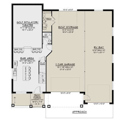 Main Floor: 0.5 BA, Bar, Golf/Theatre, 2-car garage, RV bay, Boat storage, Mech room, Closet, Stairs, Cathedral Porch. House Plan # 5032-00462 Main Floor  Floor Plan Drawing by America's Best House Plans, Inc.