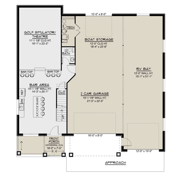Main Floor: 0.5 BA, Bar, Golf/Theatre, 2-car garage, RV bay, Boat storage, Mech room, Closet, Stairs, Cathedral Porch. House Plan # 5032-00462 Main Floor  Floor Plan Drawing by America's Best House Plans, Inc.