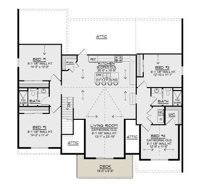 Second Floor: 4BR, 2BA, Kitchen, Cathedral Living, Deck, Stairs, WIC, Pantry, Ldry. Sloped/Cathedral ceilings, Attic space. House Plan # 5032-00462 Second Floor Floor Plan Drawing by America's Best House Plans, Inc.