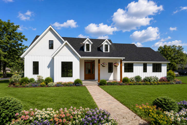 White Modern Farmhouse, Front Elevation, vertical board-and-batten siding, black roof, wood porch posts, floral gardens. House Plan # 2559-01120 Digital Rendering by America's Best House Plans, Inc.