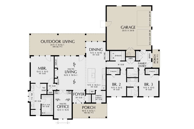 Main Floor: 3BR, 2.5BA, Vaulted Living/Office, Dining, Kitchen, Pantry, Ldry, 2-car garage, 2 Porches, Outdoor Living. House Plan # 2559-01120 Main Floor  Floor Plan Drawing by America's Best House Plans, Inc.