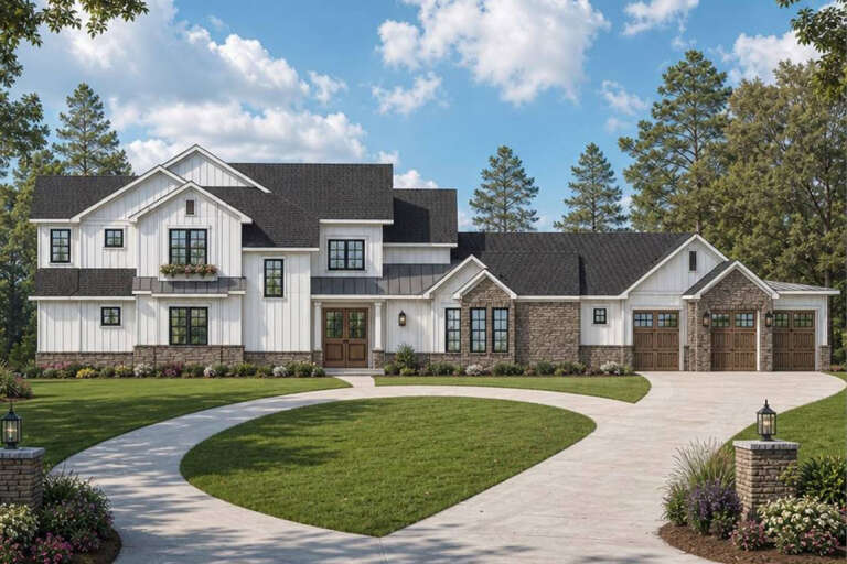 White Craftsman, Front Elevation, board-and-batten siding, stone base, wooden doors, dark roof, and landscaped driveway. House Plan # 8292-00047 Digital Rendering by America's Best House Plans, Inc.