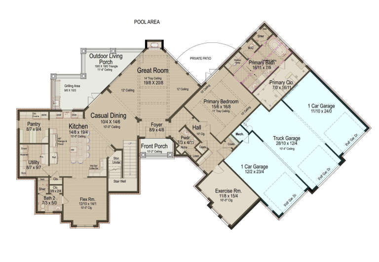 Main Floor: 1BR, 1.5BA, Flex, Great Rm, Kitchen, Dining, Ldry, Pantry, 3-car garage, Patio, Porch. Tray/Vaulted ceilings. House Plan # 8292-00047 Main Floor Floor Plan Drawing by America's Best House Plans, Inc.