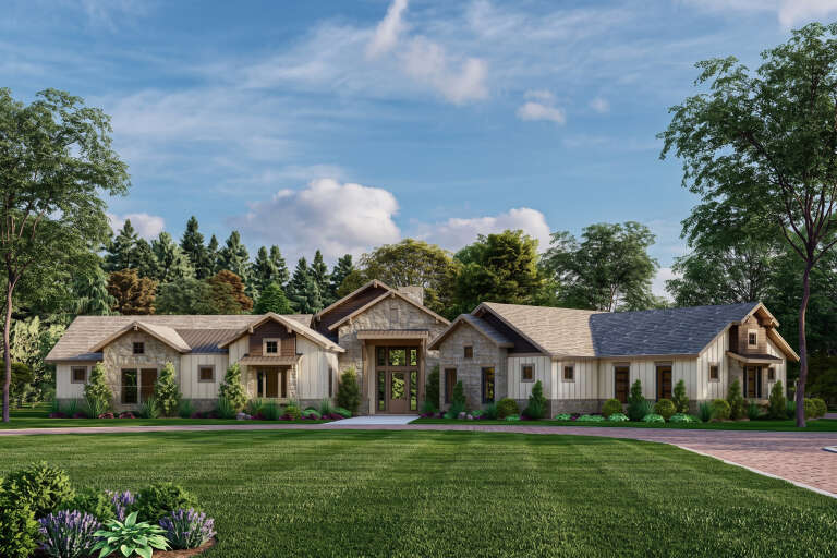 Tan Craftsman, Front Elevation with stone and board-and-batten siding, metal roof accents, lush landscaping, brick drive. House Plan # 8292-00048 Digital Rendering by America's Best House Plans, Inc.