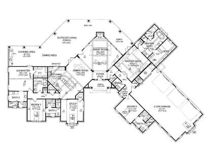 Main Floor: 4BR, 4.5BA, Great Rm, Dining, Kitchen, Study, 3-car garage, 3 porches, FP, tray/cathedral/14ft ceilings. House Plan # 8292-00048 Main Floor Floor Plan Drawing by America's Best House Plans, Inc.