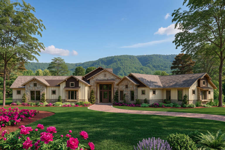 Tan Craftsman, Front Elevation with stone and board-and-batten siding, brick walkway, lush landscaping, mountain view. House Plan # 8292-00049 Digital Rendering by America's Best House Plans, Inc.