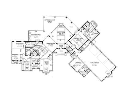Main Floor: 4BR, 4.5BA, Great Rm, Kitchen, Dining, Study, 3-car garage, Porches, FP, Tray/Cath ceilings, WIC, Pantry, Ldry. House Plan # 8292-00049 Main Floor Floor Plan Drawing by America's Best House Plans, Inc.