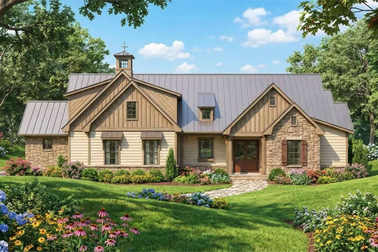 Tan Craftsman, Front Elevation with stone and board-and-batten siding, metal roof, cupola, and lush floral landscaping. House Plan # 8292-00050 Digital Rendering by America's Best House Plans, Inc.