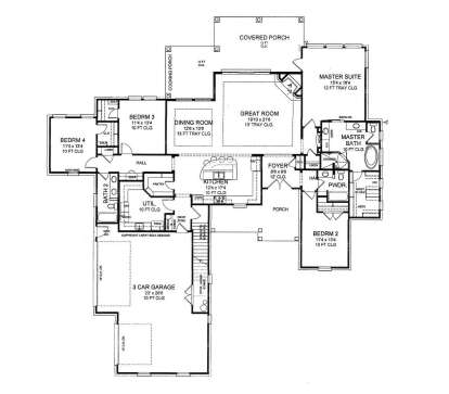 Main Floor: 4BR, 2.5BA, Great Room, Dining, Kitchen, Ldry, 3-car garage, 2 porches, FP, tray ceilings, WIC, stairs. House Plan # 8292-00050 Main Floor Floor Plan Drawing by America's Best House Plans, Inc.