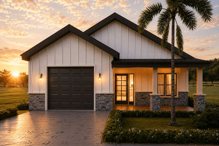 White Modern Farmhouse, Front Elevation at sunset, board-and-batten siding, stone base, porch, palm tree, lit sconces. House Plan # 4100-00045 Digital Rendering by America's Best House Plans, Inc.