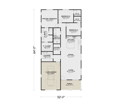 Main Floor: 3BR, 2BA, Living, Dining, Kitchen, Pantry, Ldry, 1-car garage, Porch. 2 WICs, 10' ceilings throughout. House Plan # 4100-00045 Main Floor  Floor Plan Drawing by America's Best House Plans, Inc.