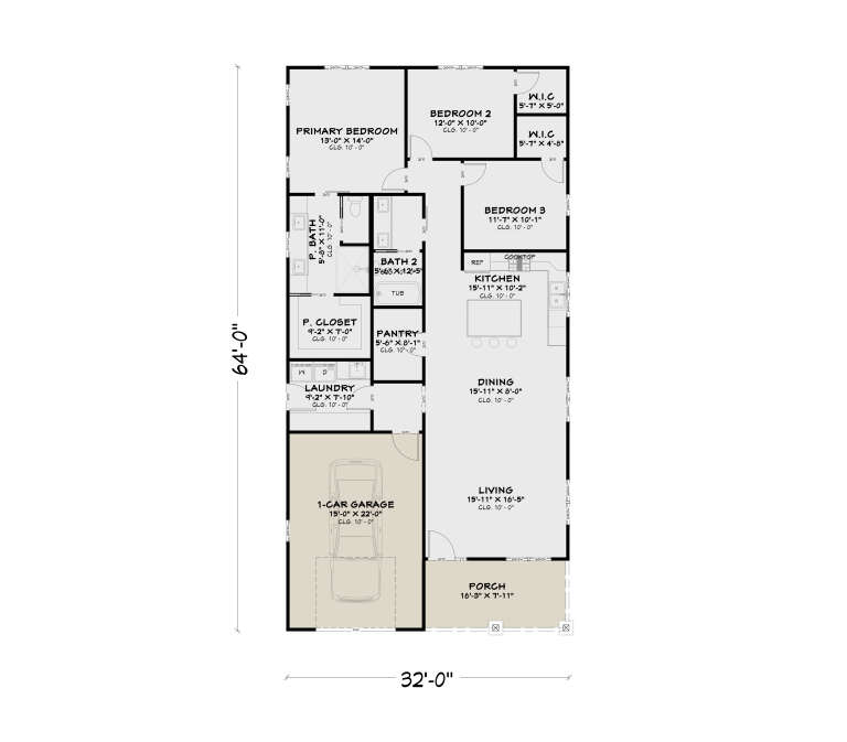Main Floor: 3BR, 2BA, Living, Dining, Kitchen, Pantry, Ldry, 1-car garage, Porch. 2 WICs, 10' ceilings throughout. House Plan # 4100-00045 Main Floor  Floor Plan Drawing by America's Best House Plans, Inc.