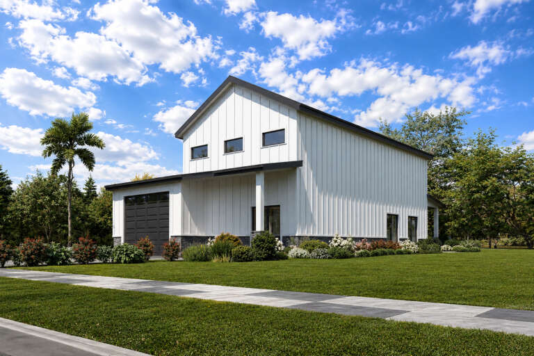 White Modern Farmhouse, Angled Front Elevation, vertical board-and-batten siding, stone base, dark garage, lush landscaping. House Plan # 4100-00046 Digital Rendering by America's Best House Plans, Inc.