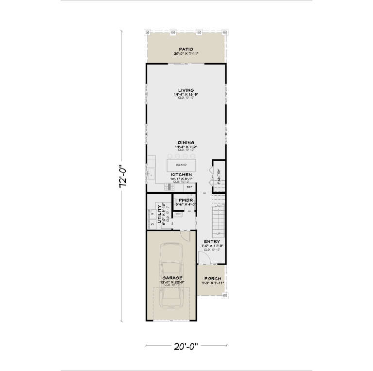Main Floor: 1BA, Living, Dining, Kitchen, Pantry, Ldry, Entry, 1-car garage, Patio, Porch, Stairs. 10' ceilings throughout. House Plan # 4100-00046 Main Floor  Floor Plan Drawing by America's Best House Plans, Inc.