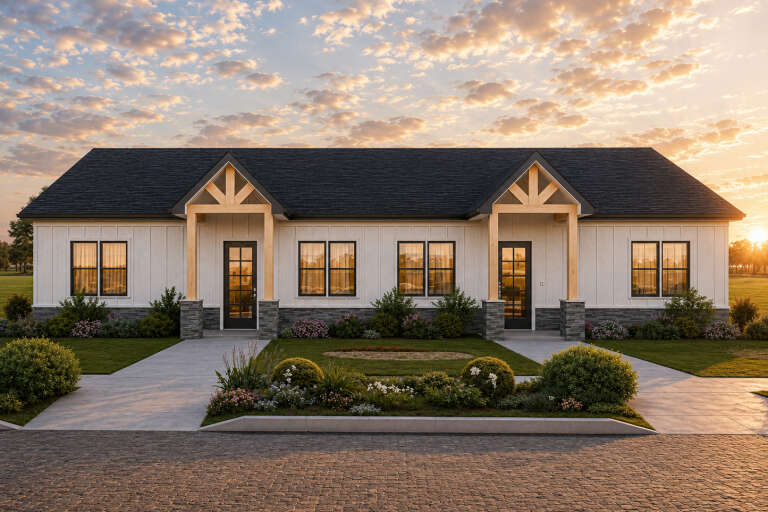 White Modern Farmhouse, Front Elevation at sunset, vertical siding, stone base, timber gables, and lush landscaping. House Plan # 4100-00047 Digital Rendering by America's Best House Plans, Inc.