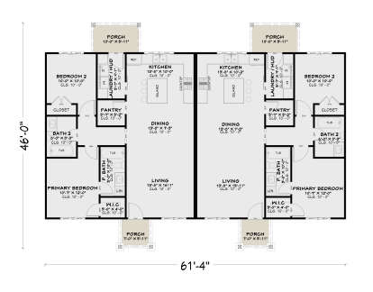 Main Floor: Duplex, 2 units, each 2BR, 2BA, Living, Dining, Kitchen, Pantry, Ldry/Mud, WIC, 2 Porches, 10' ceilings. House Plan # 4100-00047 Main Floor  Floor Plan Drawing by America's Best House Plans, Inc.
