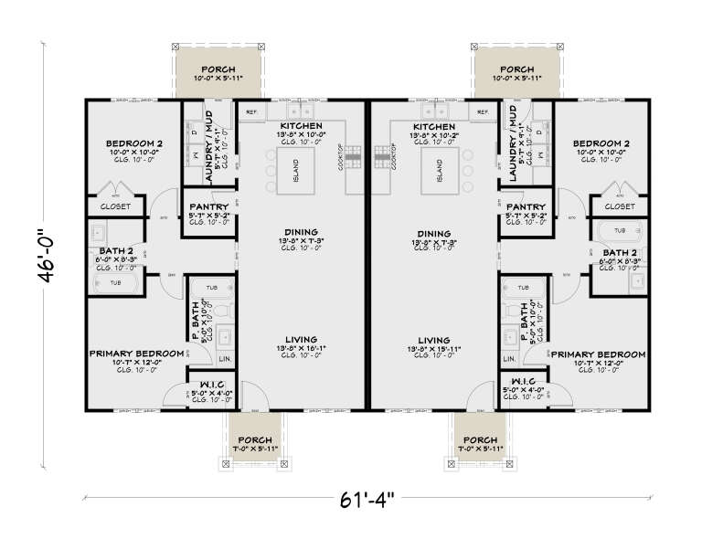 Main Floor: Duplex, 2 units, each 2BR, 2BA, Living, Dining, Kitchen, Pantry, Ldry/Mud, WIC, 2 Porches, 10' ceilings. House Plan # 4100-00047 Main Floor  Floor Plan Drawing by America's Best House Plans, Inc.